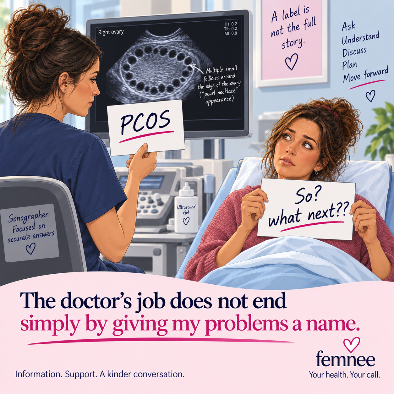 A sonographer discusses a polycystic ovarian ultrasound appearance with a patient