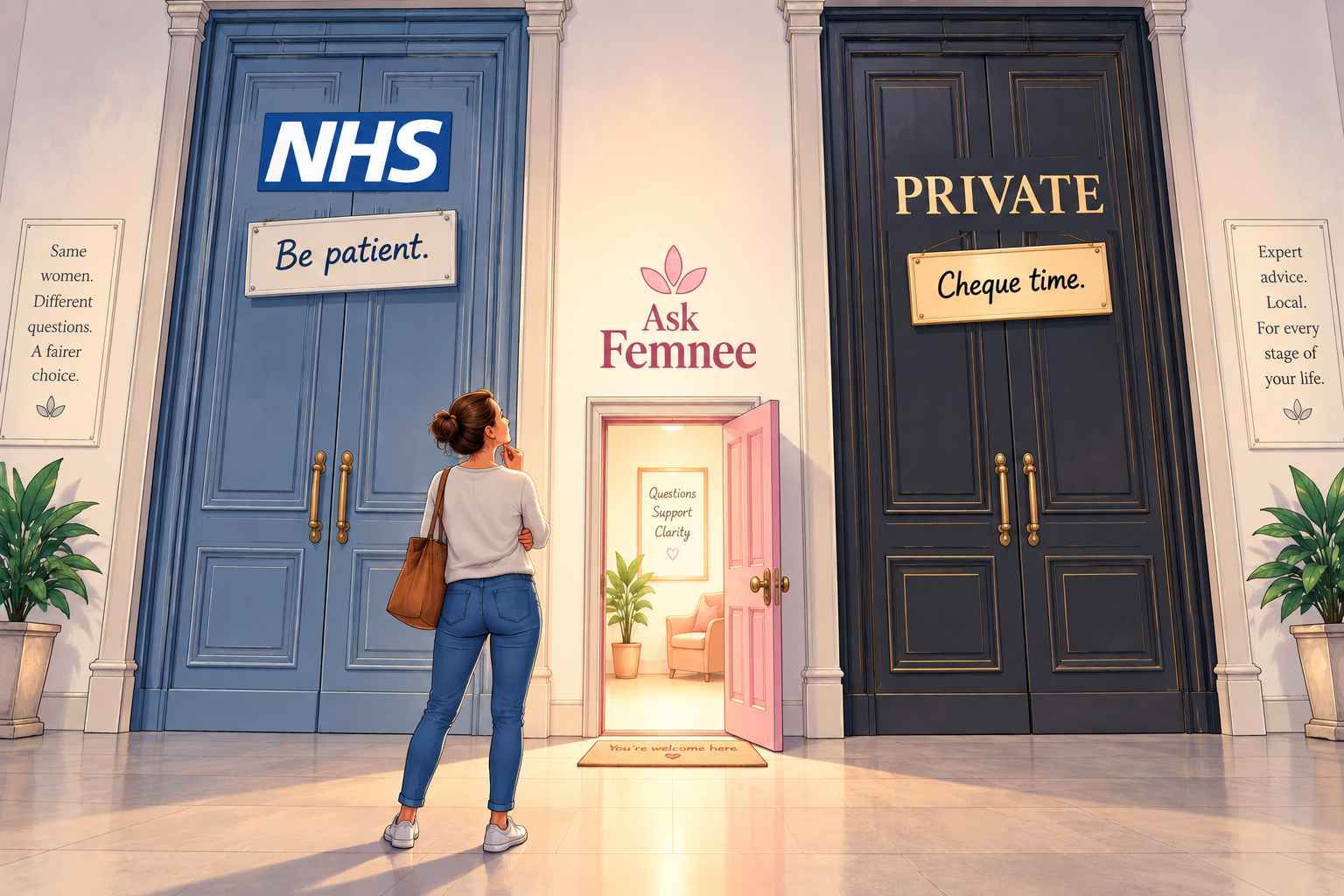 A woman considers her choices: the NHS door marked 'Be patient', the private door marked 'Cheque time', and the open Ask Femnee door