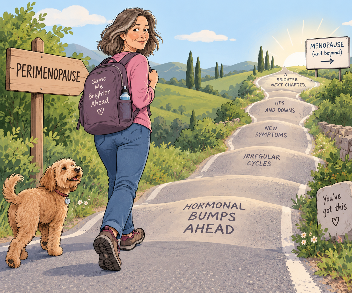 A woman and her dog walking along the uneven hormonal bumps of perimenopause towards menopause