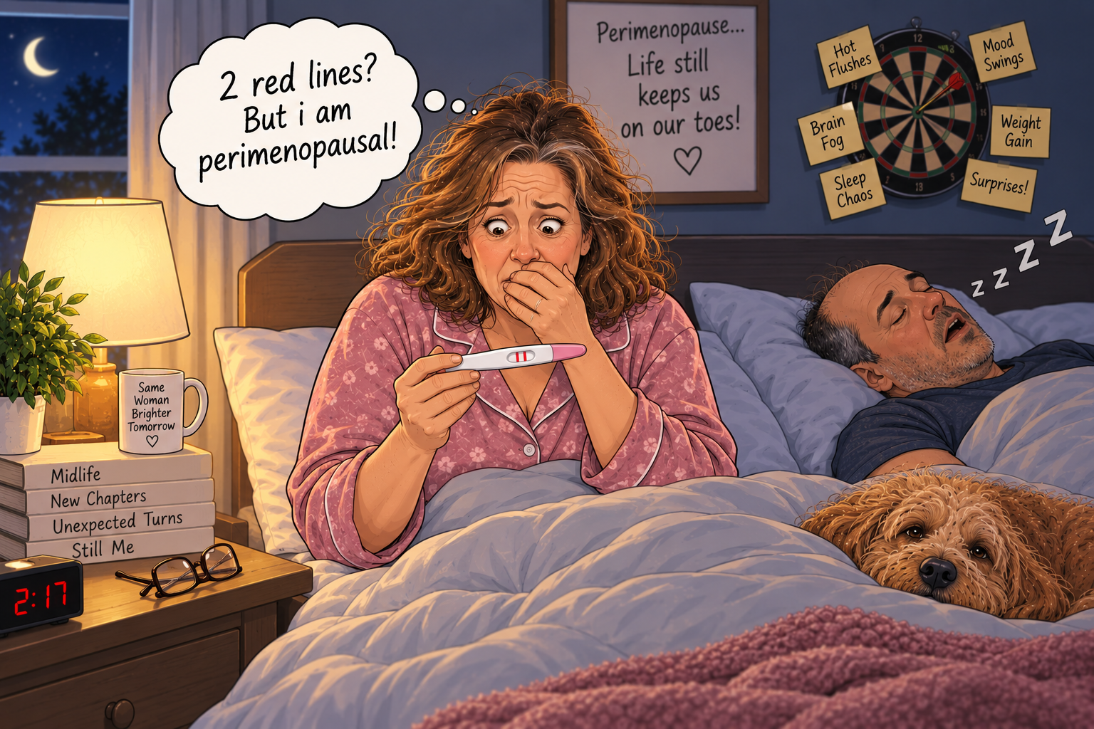 A surprised perimenopausal woman looking at a positive pregnancy test in bed