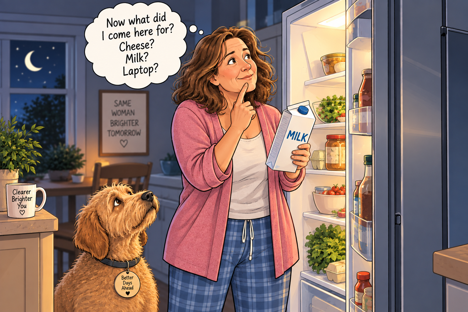 A woman experiencing brain fog while standing at an open refrigerator with milk in her hand