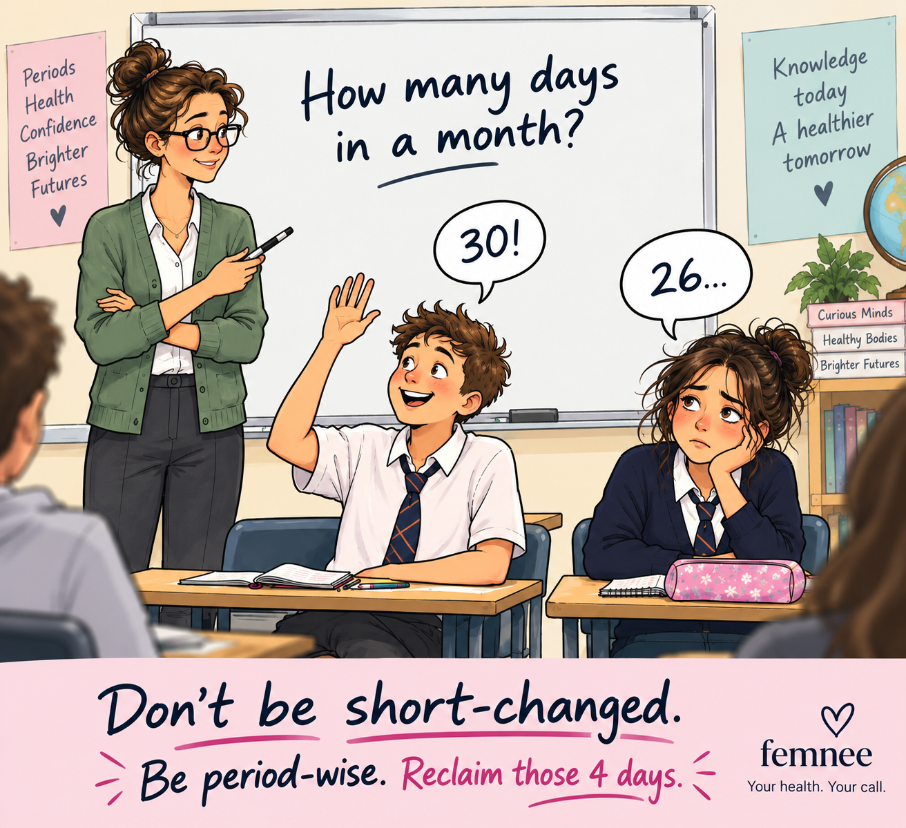A classroom scene contrasting 30-day and 26-day menstrual cycles