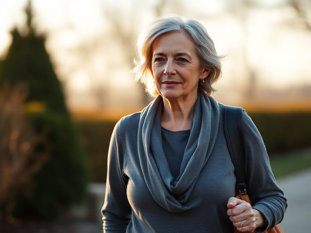 A woman in her fifties walking outdoors in morning light